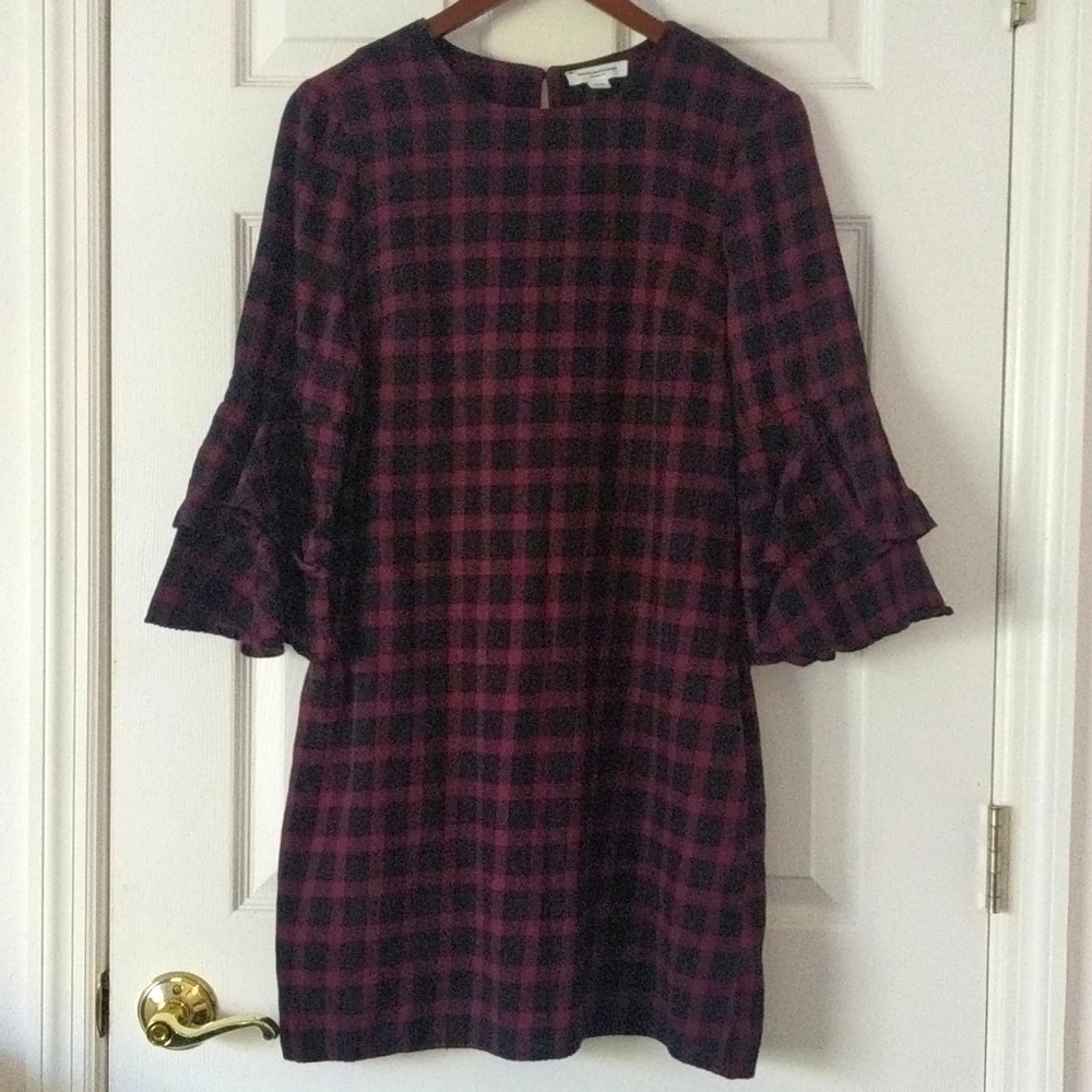 Beach Lunch Lounge Checkered Ruffled Elbow Sleeve Mini Dress Pockets Burgundy S